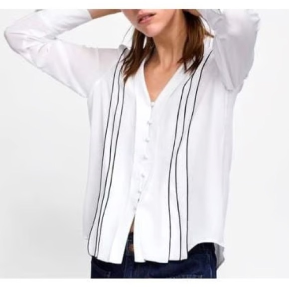 Zara • Long Sleeve Sheer Striped V-Neck Blouse - Picture 11 of 11